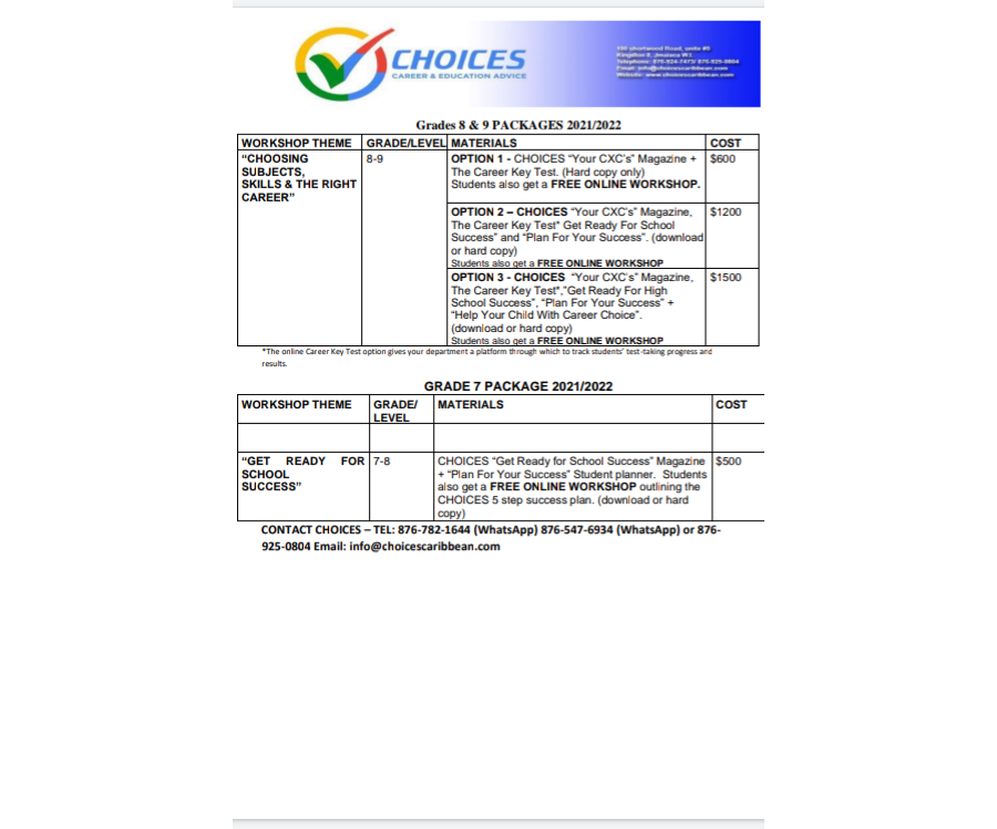 Jamaica Information on Packages CHOICES